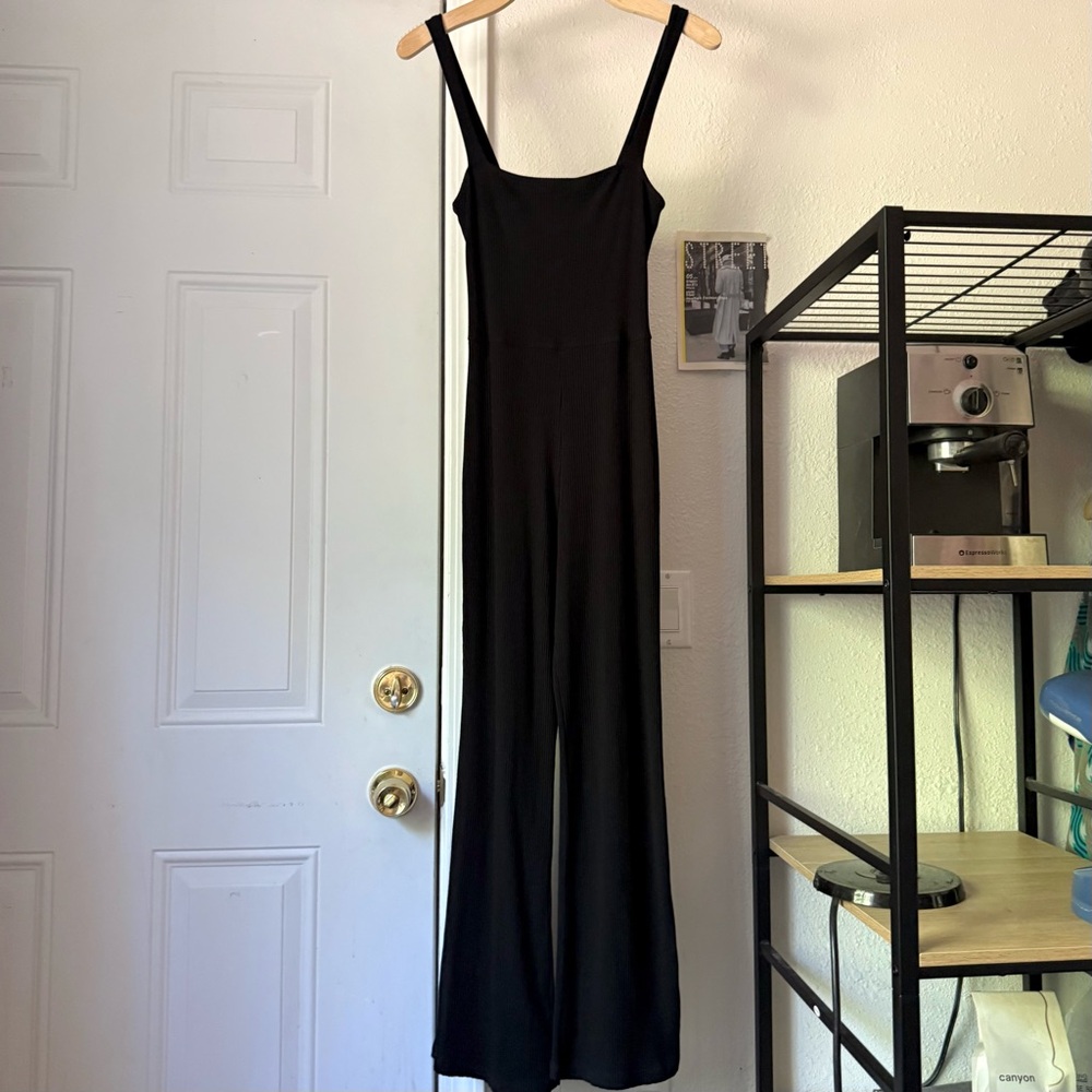 REFORMATION black rib ribbed knit tencel spandex square neck cropped jumpsuit